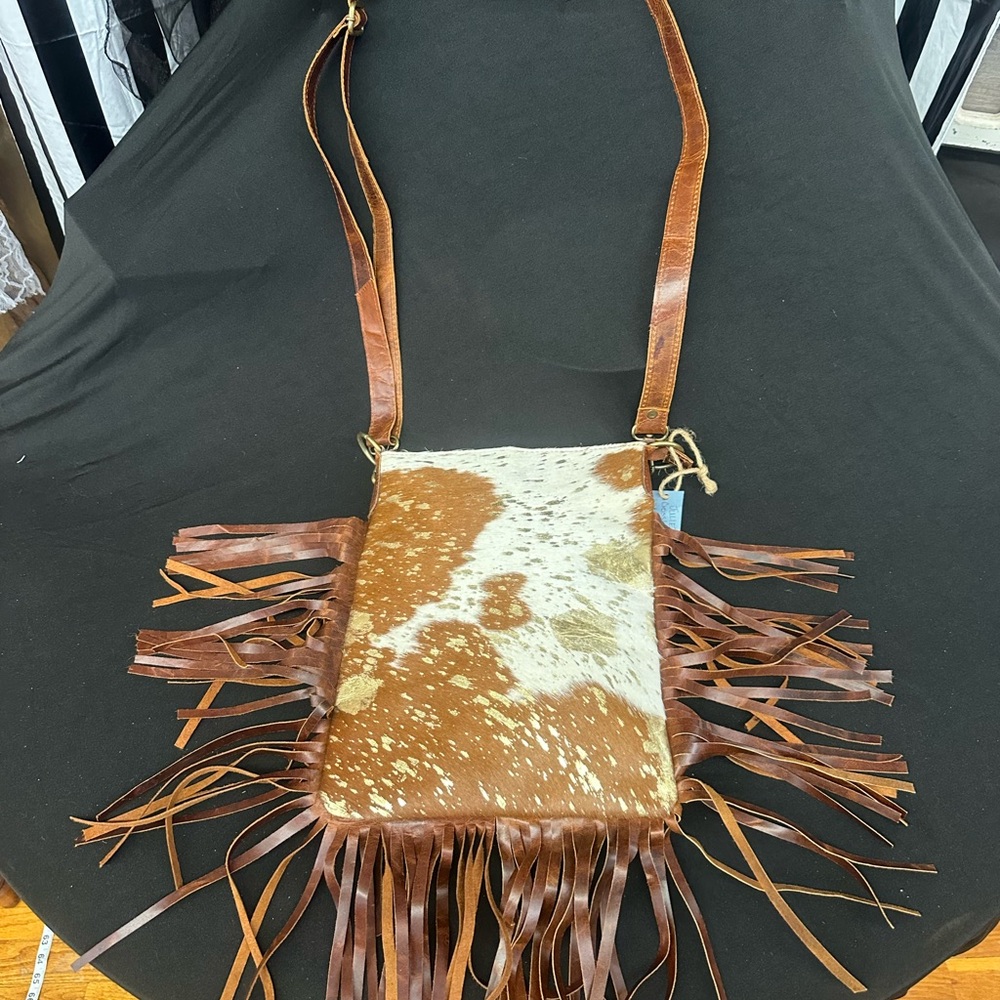 Brown and White Fringe Leather Crossbody Bag